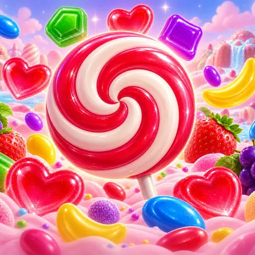 Sweet Bonanza pokie cover art with tumbling sweets and fruit symbols