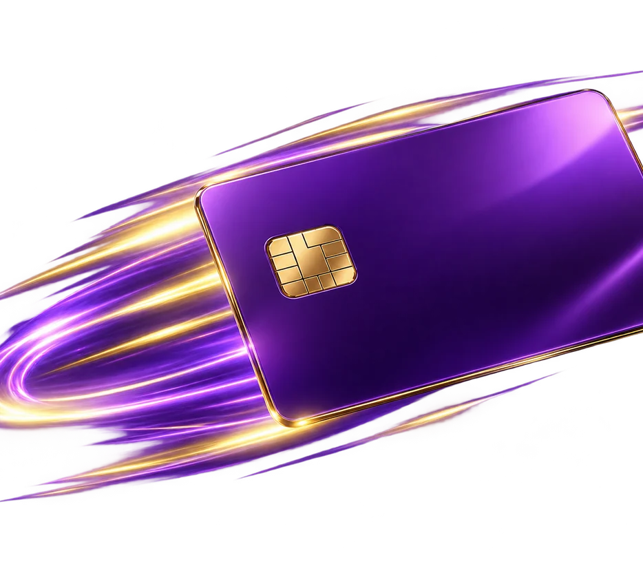 Purple Mastercard payment card with gold detailing