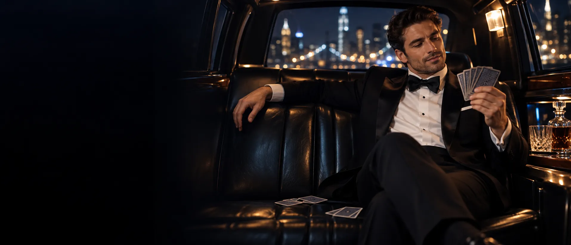 Man in a tuxedo holding playing cards in the back of a limousine