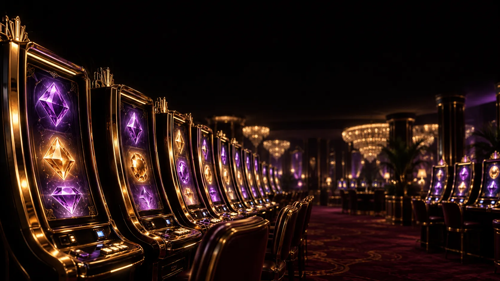 Row of glowing slot machine cabinets lit up in soft bokeh, evoking the Here2Win Casino games floor