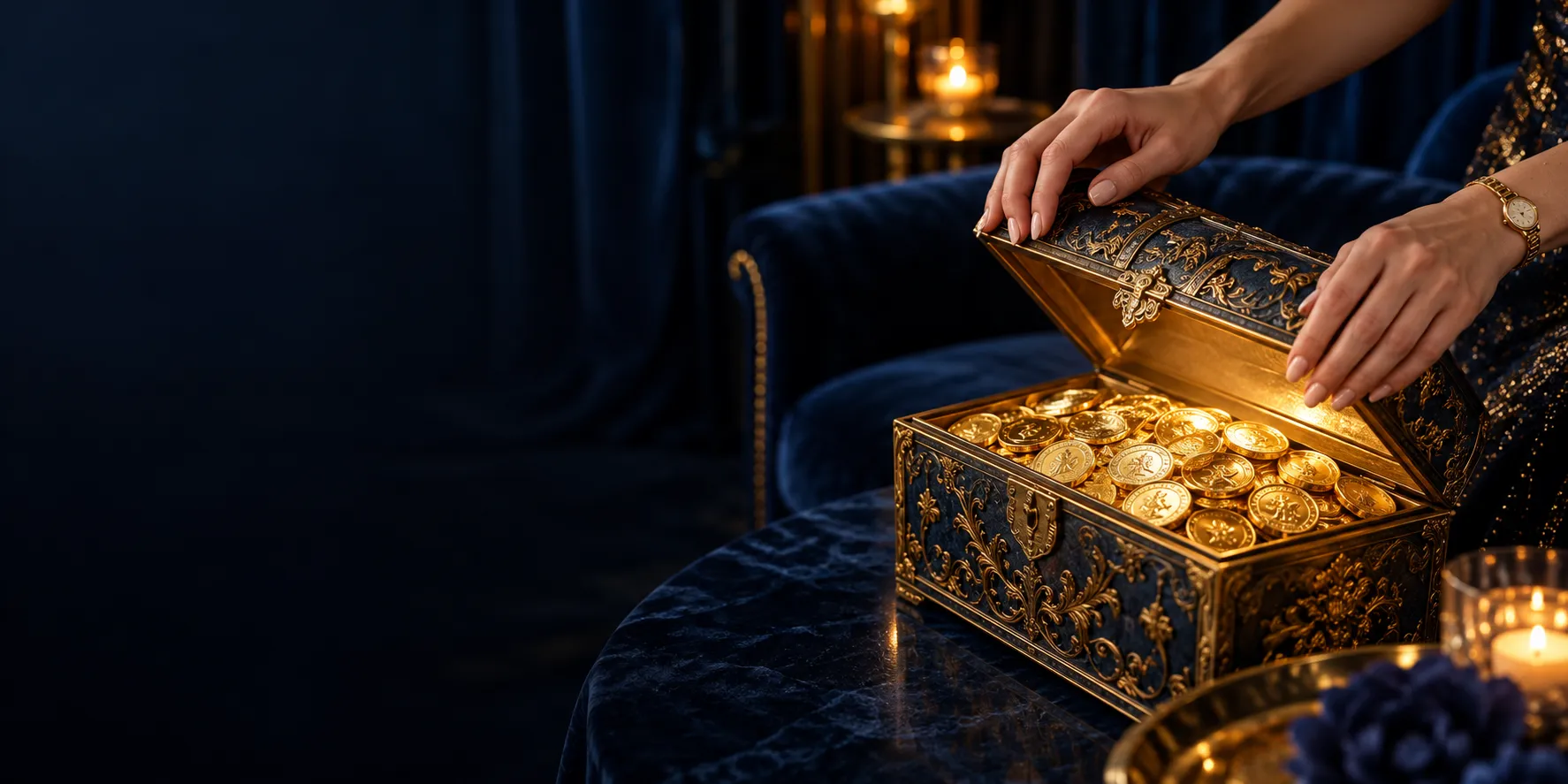 Hands lifting the lid of a treasure chest filled with gold coins, echoing the Here2Win Casino welcome package