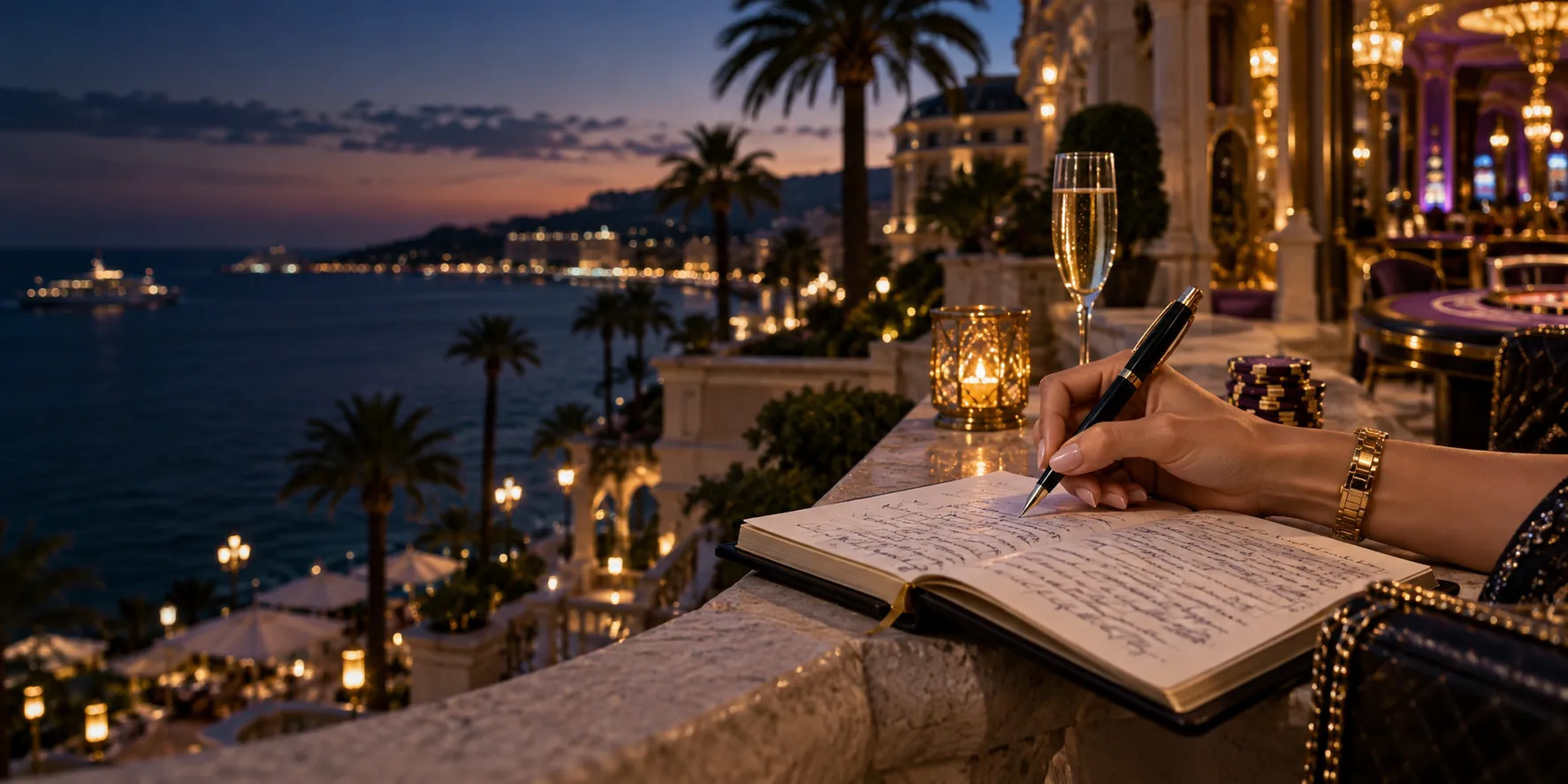 Hand writing notes in a notebook on a seaside casino terrace at dusk