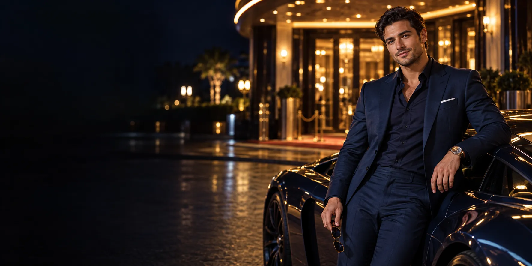 Man in a tailored suit leaning against a supercar at a casino entrance, the confident mood behind this Here2Win Casino review