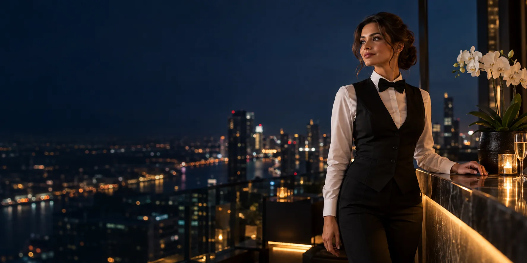Croupier standing beside a white orchid at a rooftop sky bar
