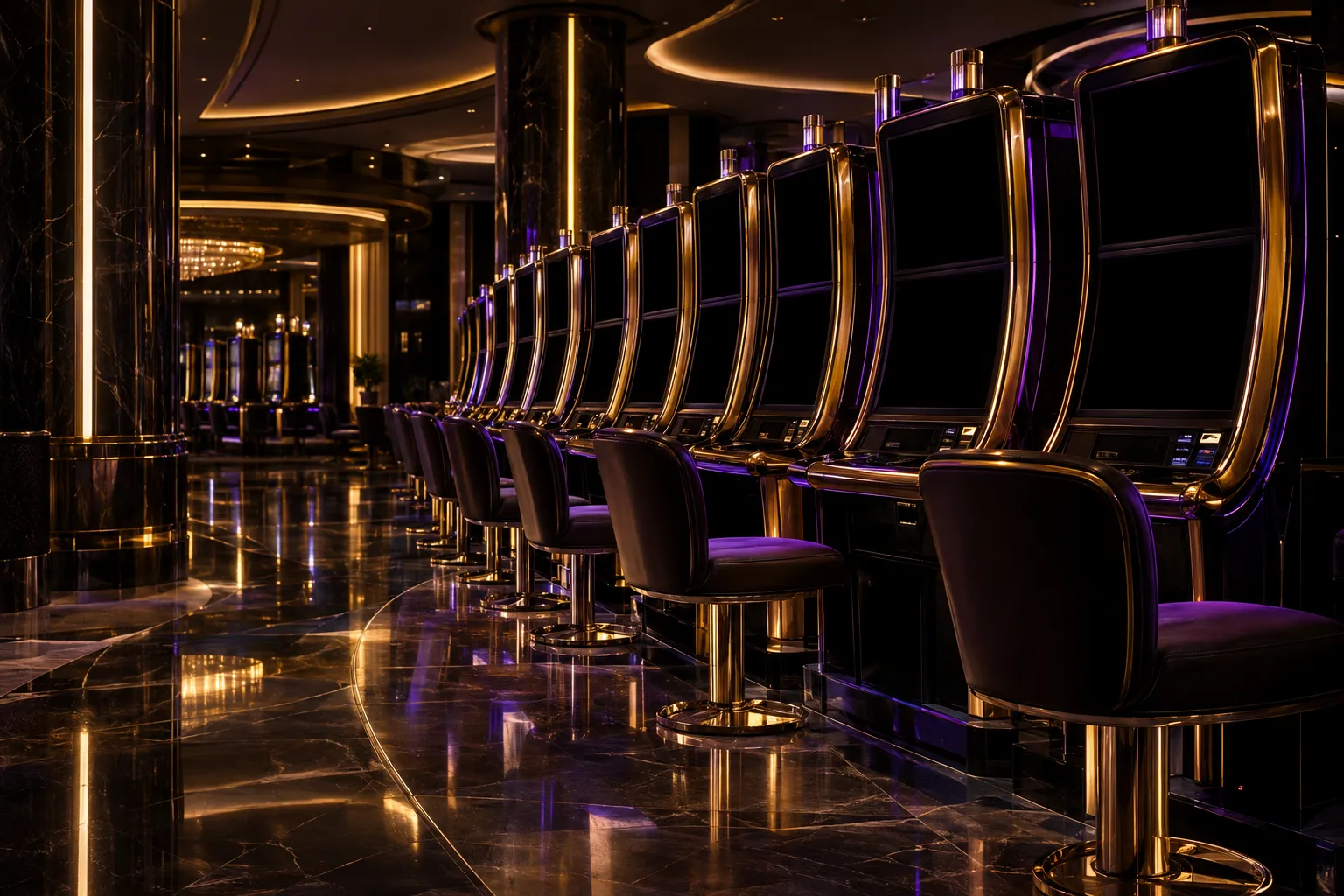 Rows of glowing pokie cabinets lit up on a casino floor