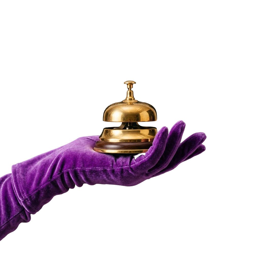 Gloved hand ringing a gold service bell, standing in for a call to support