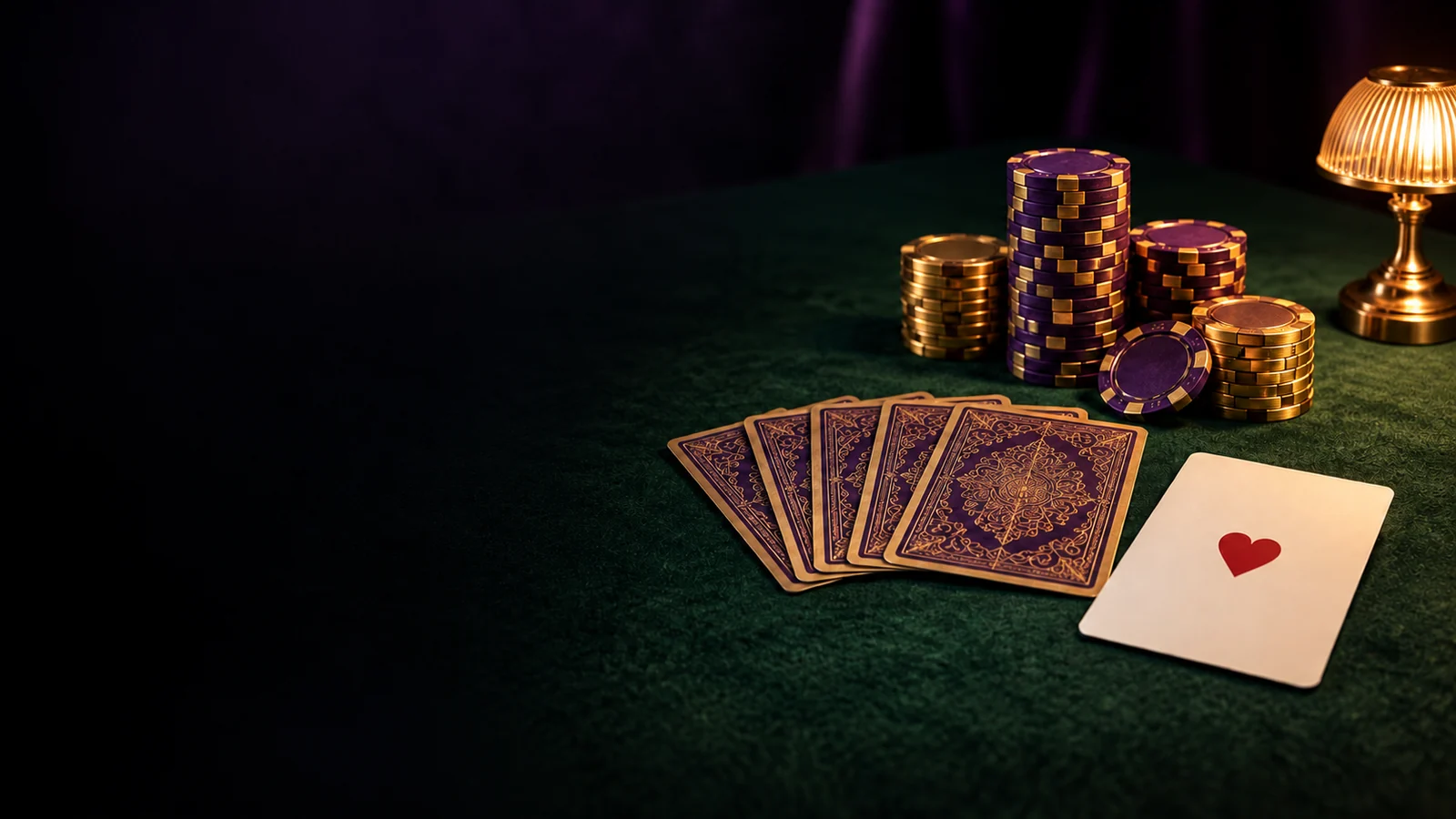 Casino chips and fanned playing cards spread across green felt for the Here2Win Casino welcome package