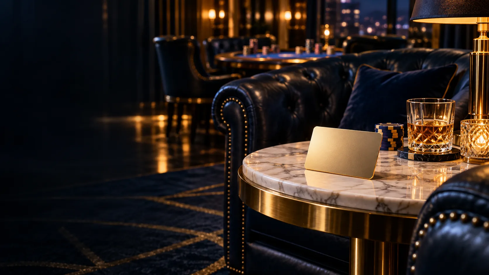 Gold credit card resting on a marble table between leather armchairs, representing casino withdrawal payment options