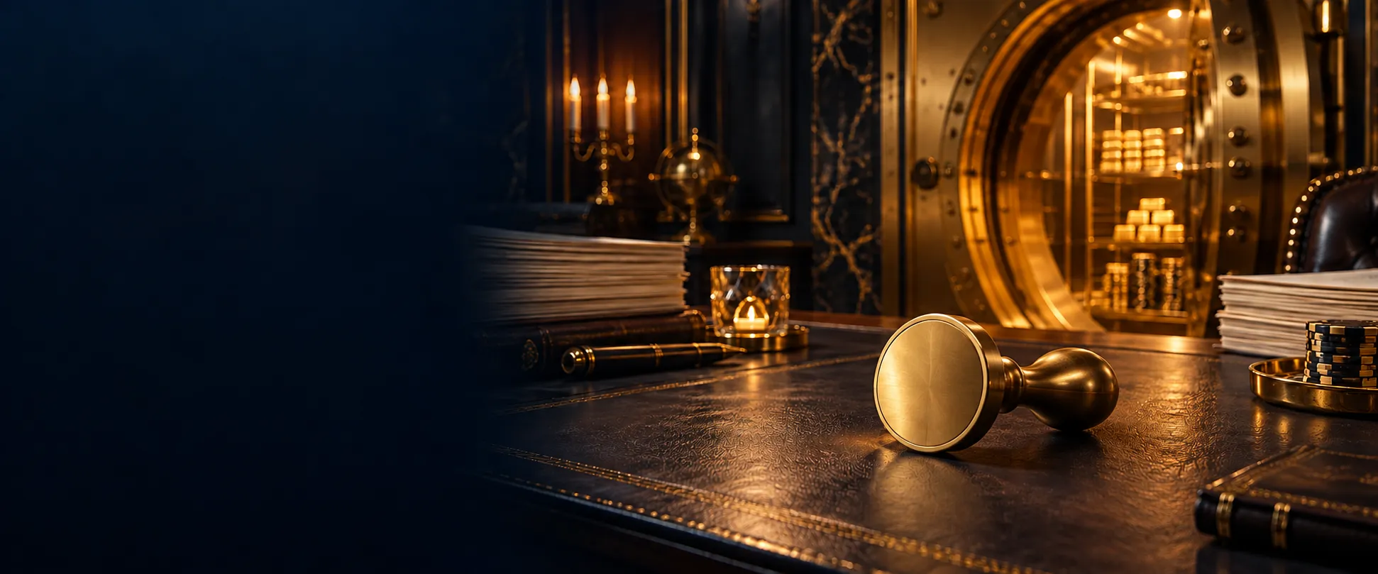 Brass desk stamp on a leather-topped desk, standing in for the official terms behind Here2Win Casino