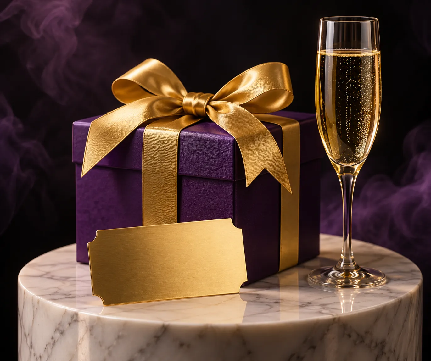 A gift box and a paper ticket resting on a gold pedestal, representing a welcome package step